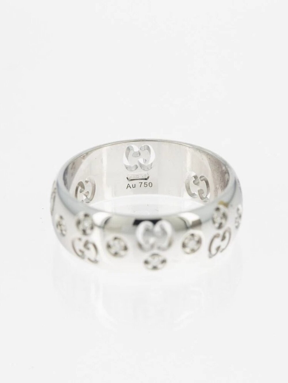 Gucci Logo 18k 750 White Gold Band Domed Diamond Ring Size 4.75